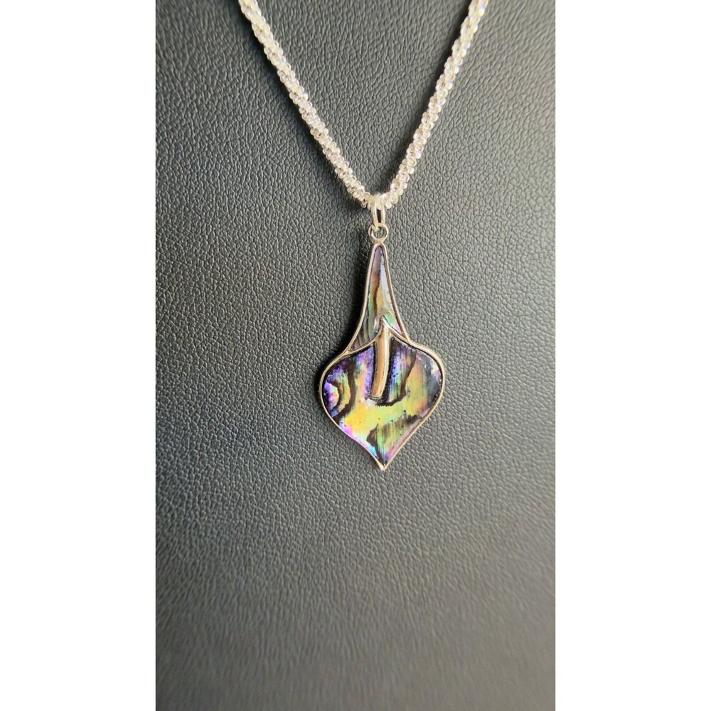 Signed Abalone Calla Lily Silver Tone Necklace